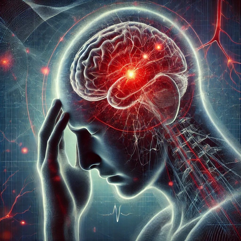 Eine konzeptionelle Darstellung von Cluster-Kopfschmerzen mit einer Person, die sich vor Schmerzen den Kopf hält, begleitet von einer rot leuchtenden Stelle um Auge und Schläfe.