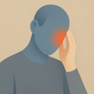 Illustration einer Person mit Cluster-Kopfschmerz: ruhige Farben, Hand an der Schläfe, symbolisiert die unsichtbare Belastung durch einseitige Schmerzattacken. Passend zum Beitrag über die BARMER-Analyse 2025 und die Sicht der Selbsthilfegruppe.