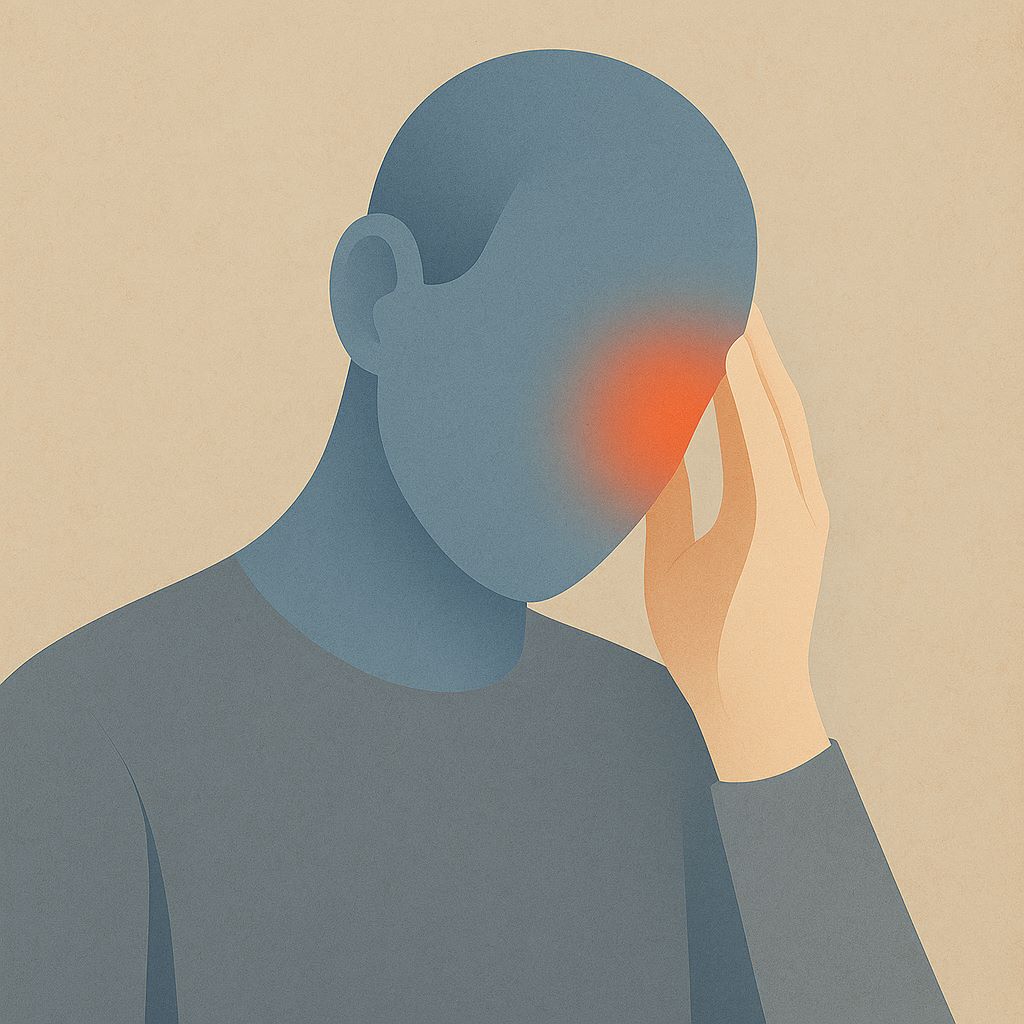Illustration einer Person mit Cluster-Kopfschmerz: ruhige Farben, Hand an der Schläfe, symbolisiert die unsichtbare Belastung durch einseitige Schmerzattacken. Passend zum Beitrag über die BARMER-Analyse 2025 und die Sicht der Selbsthilfegruppe.