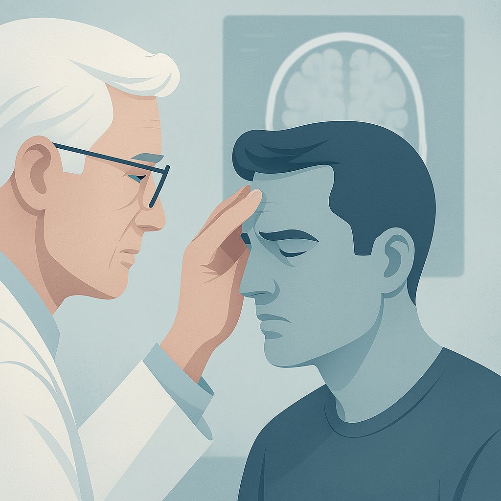 Symbolische neurologische Untersuchung bei Cluster-Kopfschmerz, Arzt untersucht Kopf des Patienten.