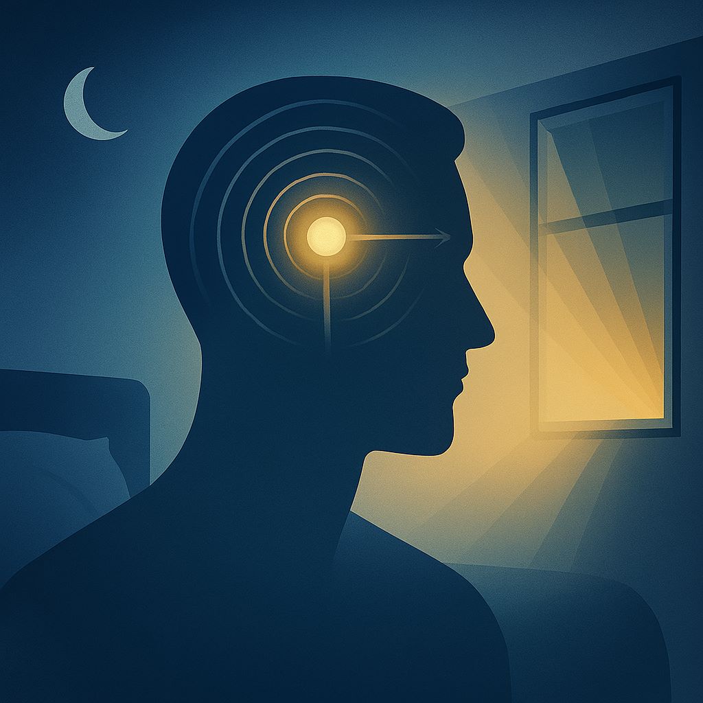 Symbolische Illustration: Silhouette mit leuchtendem Hypothalamus und zirkadianen Wellenlinien, im Übergang von Nacht zu Morgenlicht – visuelle Darstellung der inneren Uhr bei Cluster-Kopfschmerz.