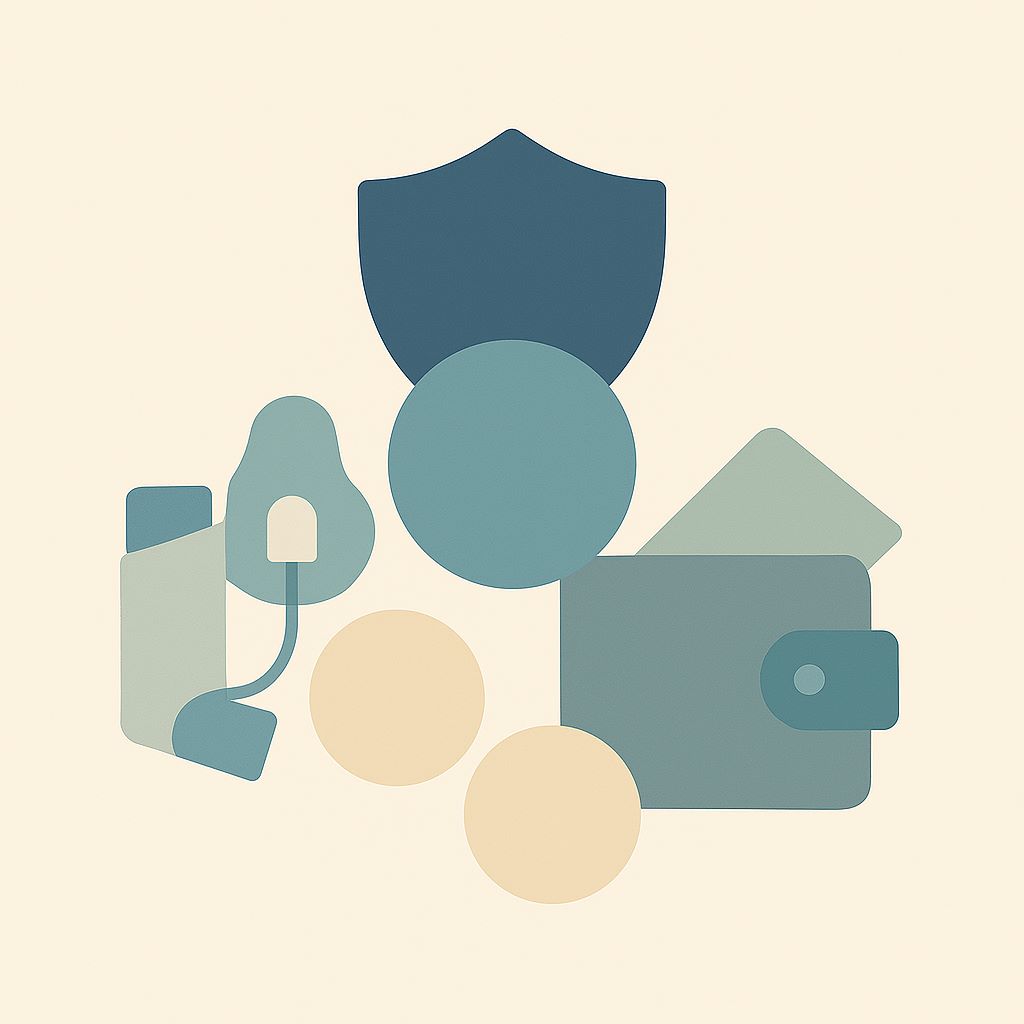 Illustration zur Zuzahlungsbefreiung bei Cluster-Kopfschmerz: zeigt abstrahierte Darstellung von Medikamenten, Sauerstofftherapie und Geldbörse als Symbol für finanzielle Entlastung gesetzlich Versicherter.