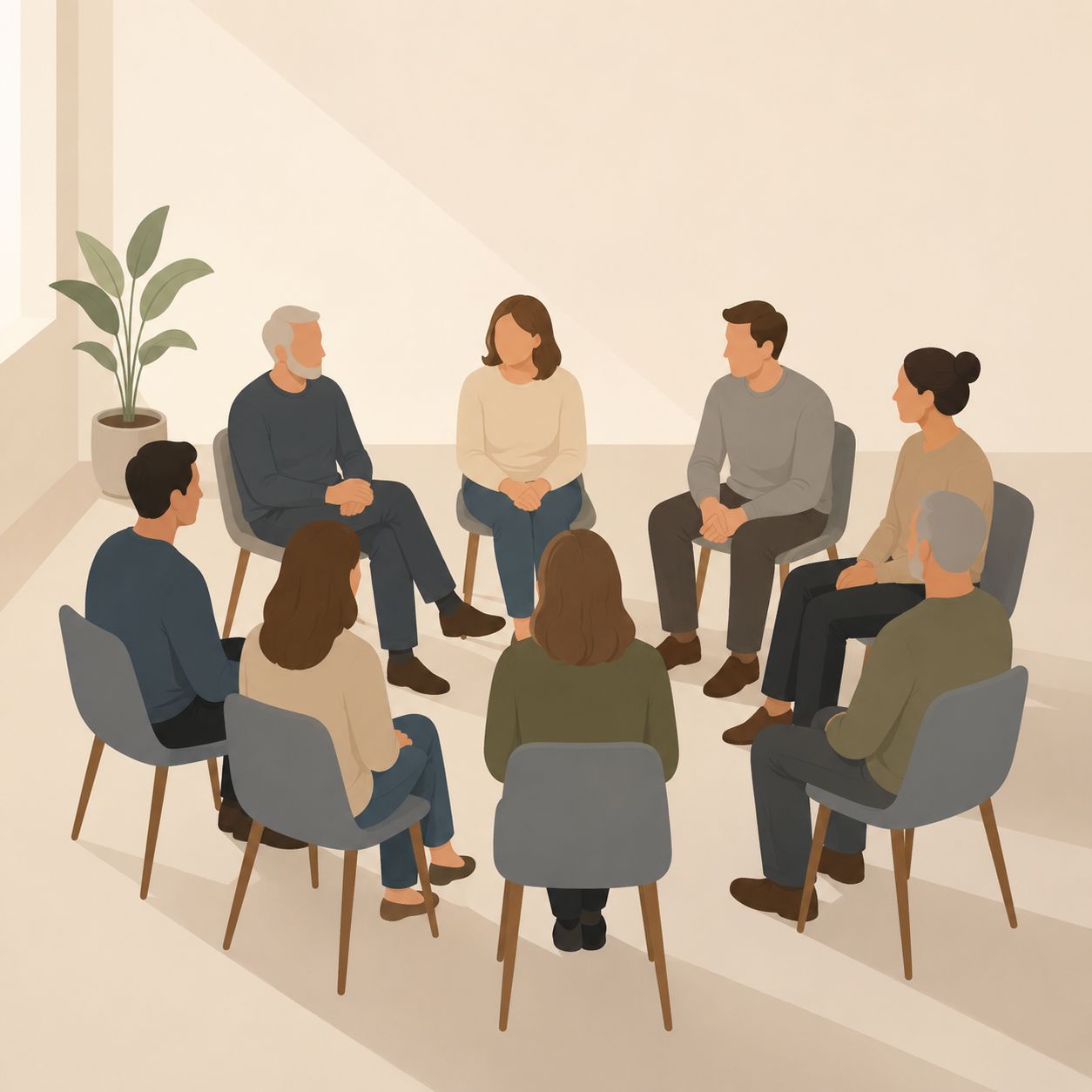 Minimalistische Illustration eines Gruppentreffens der Cluster Hilfe Brandenburg am Deutschen Kopfschmerztag mit Betroffenen im persönlichen Austausch.