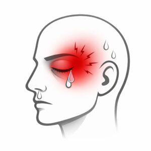 Minimalistische Illustration eines Kopfes mit einseitiger Schmerzregion um das Auge, Symbol für Cluster‑Kopfschmerz.